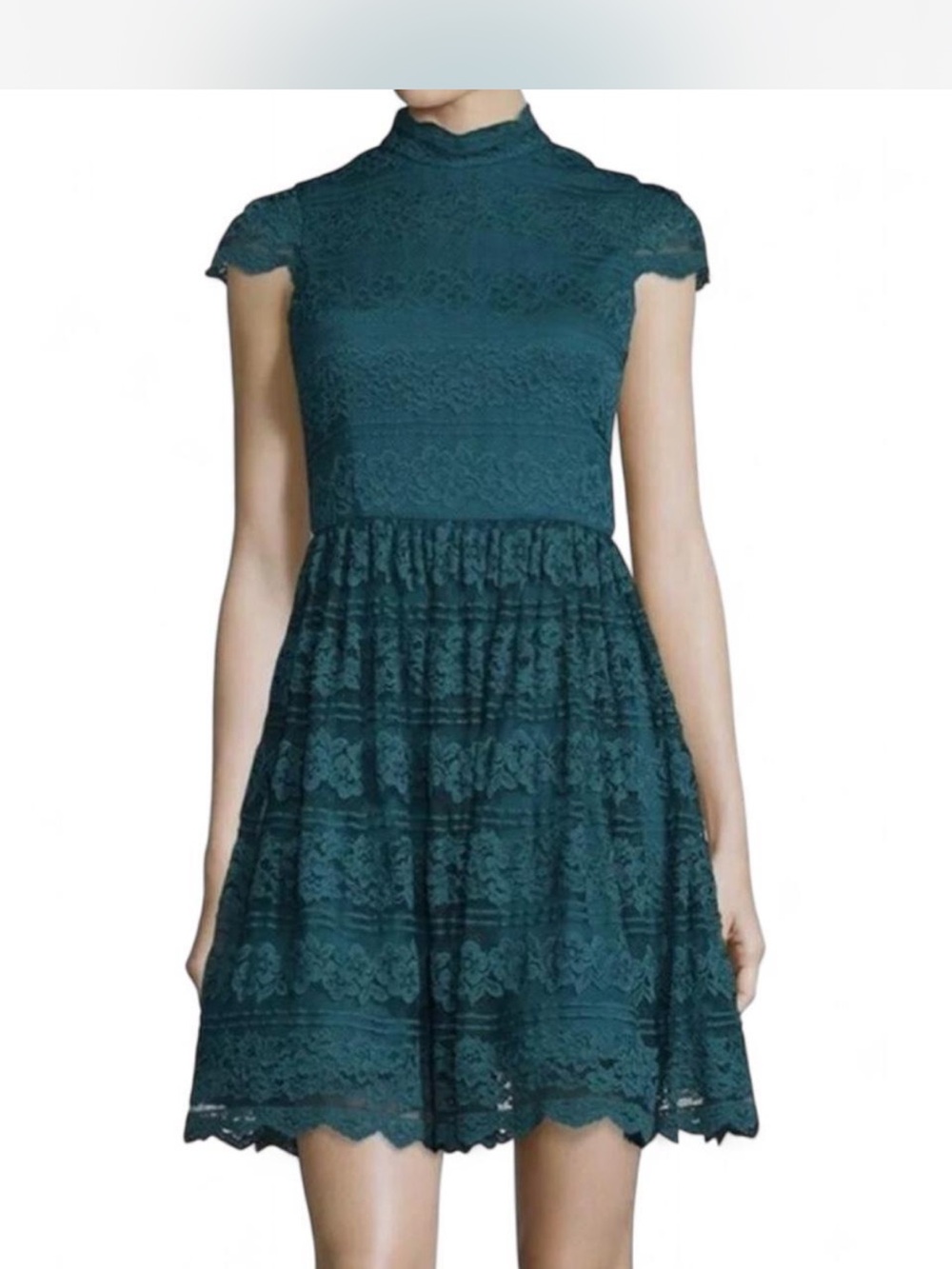 Alice + Olivia Teal Lace High-Neck Mini Dress
